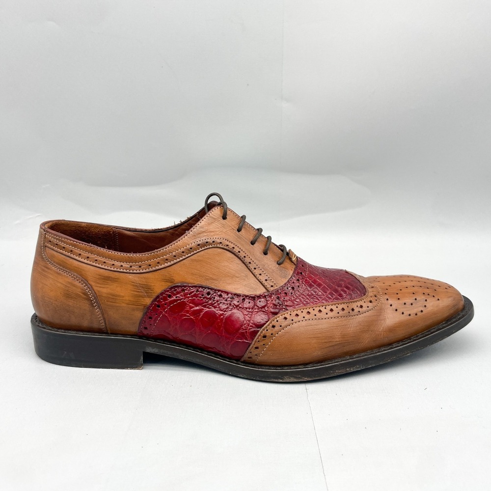 Belvedere Studio Mens 10 B Wingtip Oxford Shoes Brown Red Exotic Leather Brogue